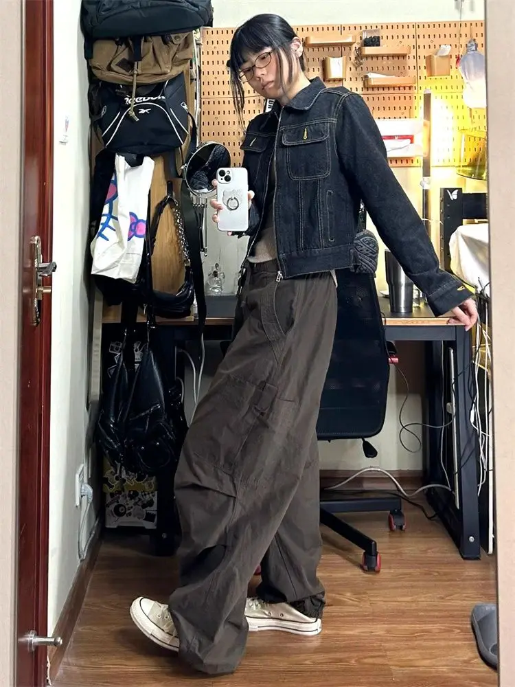 

Джинсовое пальто, уникальная весенне-летняя женская куртка, женская осенняя двусторонняя лоскутная куртка большого размера в рубчик, школьная плиссированная расклешенная куртка на шнурке