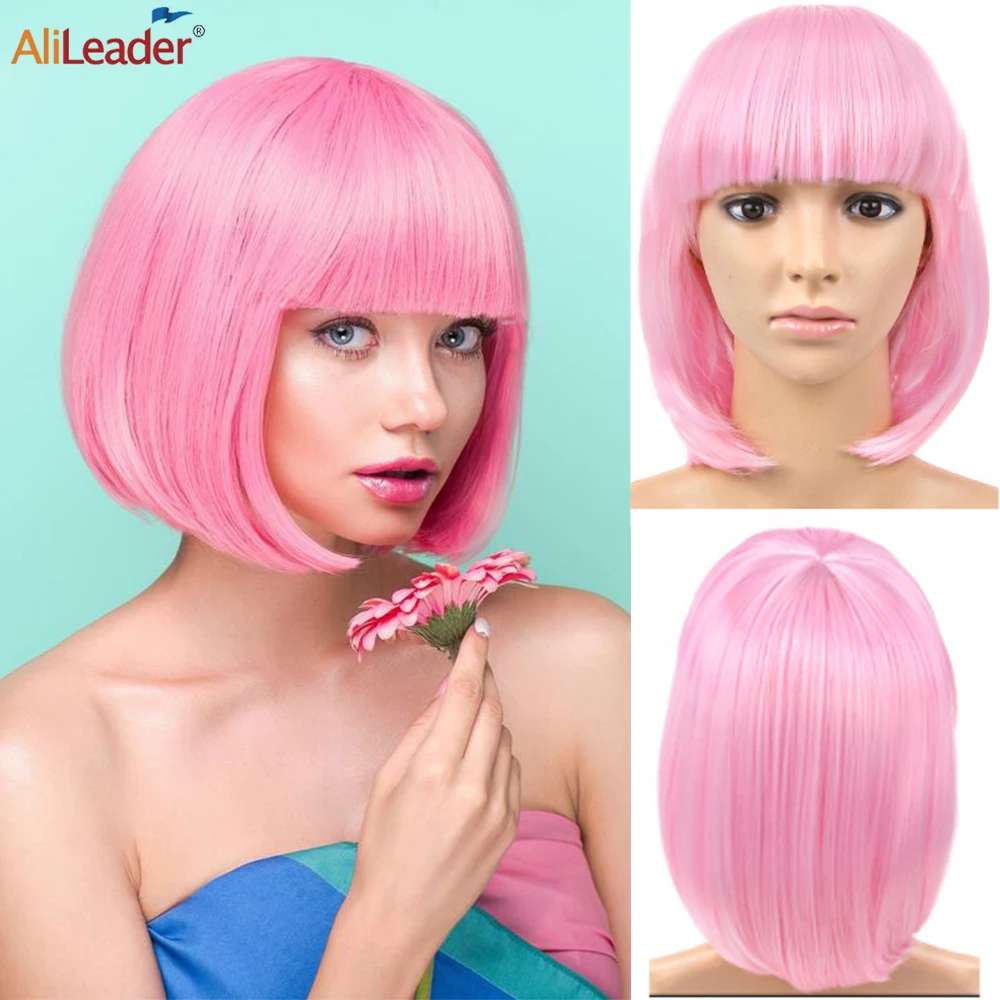 Cheaper Cosplay Wigs Synthetic Short Straight Bob Wig With Bangs Pink Purple Yellow Party Cap For Women Girl Lolita Wig