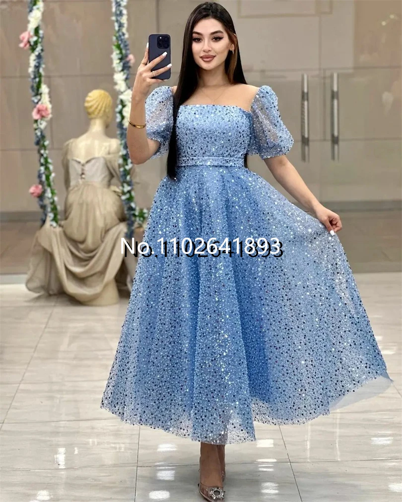 Ocean Blue Glitter Formal Evening Dresses Cap Sleeves A-LIne Ankle Length Sparkly Prom Dress Backless Sequins Party Gowns Saudi