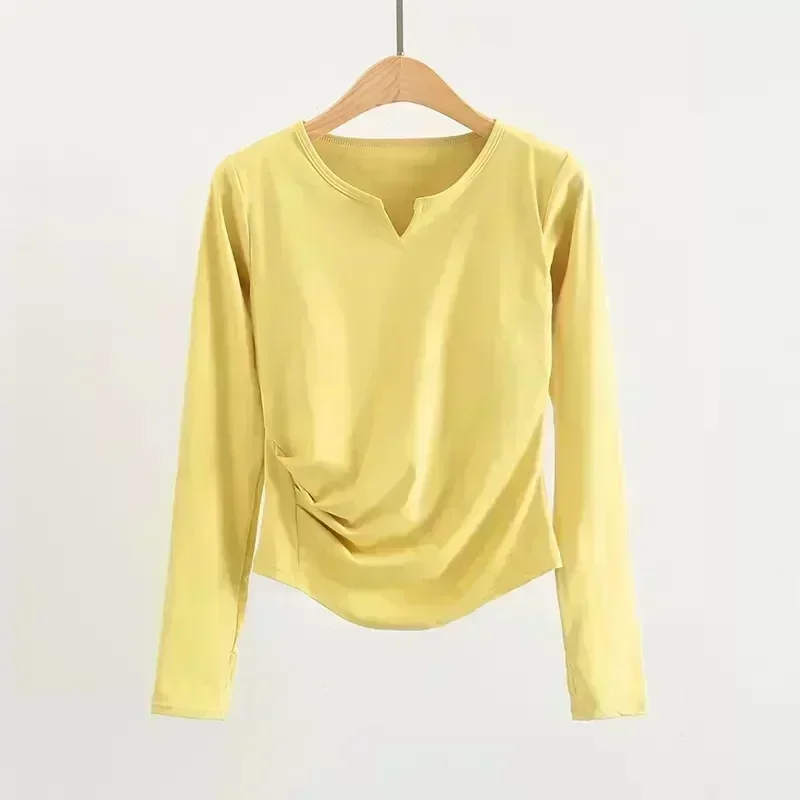 

Lemon Women V Neck Slim Fit Long Sleeve Yoga Sport Shirts with Chest Pad Lightweight Hem Running T-shirt Tunic Pilates Shirt Top