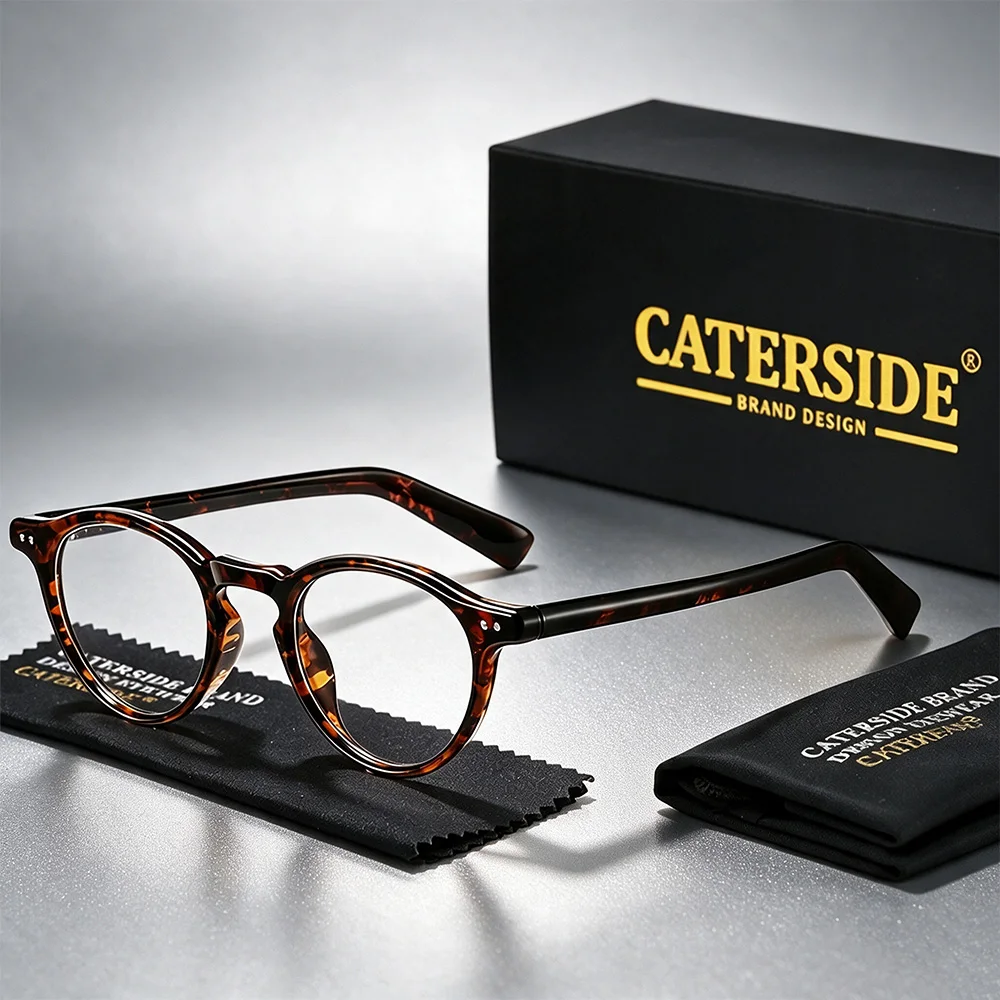 CATERSIDE Men's Anti Blue Light Glasses Tr-90 Round Frame Cellulose Propionate Temple Tips Women's  Computer Protective Glasses