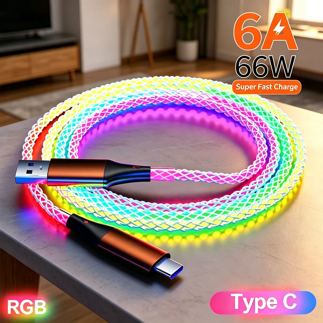 6A High Current 66W PD Charging Cord RGB Glowing Effect USB-C Data Cable Universal Fast Charging Wire for iPhone 15 16 17 Xiaomi