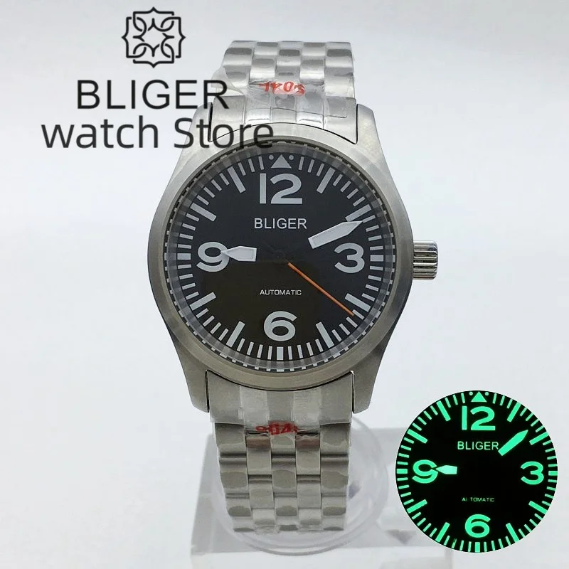 

BLIGER 36mm 39mm Diver Pilot Automatic Watch NH35 Movt Dome Sapphire Glass Green Luminous Stainless Bracelet Waterproof Clock