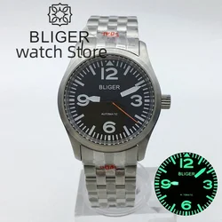 BLIGER 36mm 39mm Diver Pilot Automatic Watch NH35 Movt Dome Sapphire Glass Green Luminous Stainless Bracelet Waterproof Clock