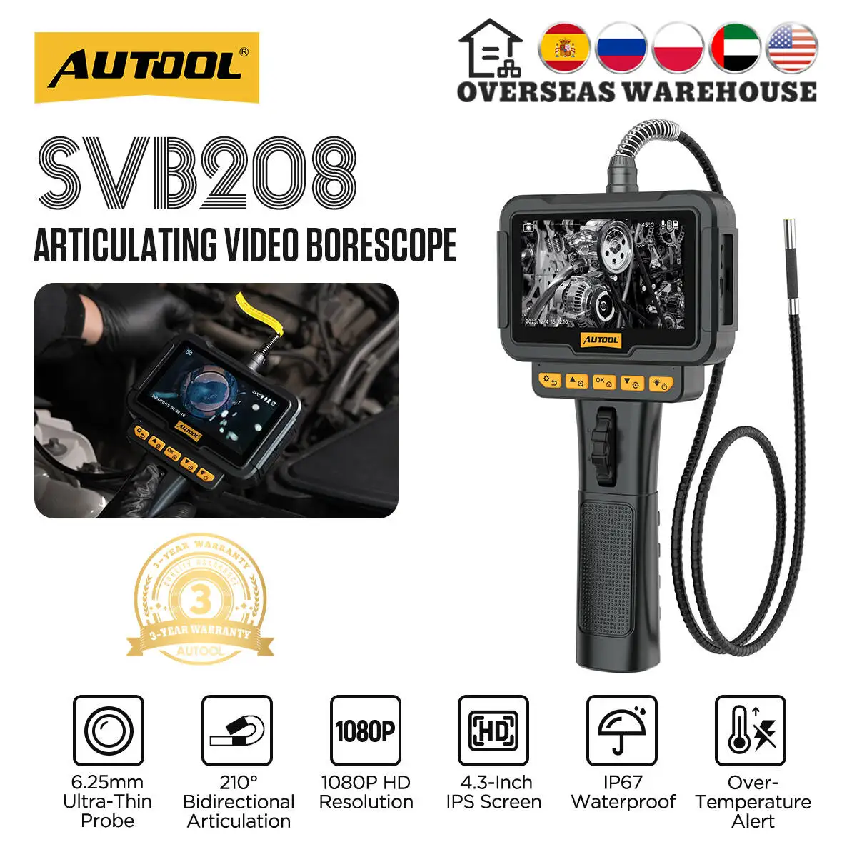 

AUTOOL SVB208 Automotive Industrial Endoscope with 6pc Light 6.25MM IPS Car Repair Endoscope Inspection Camera for IMG & Video