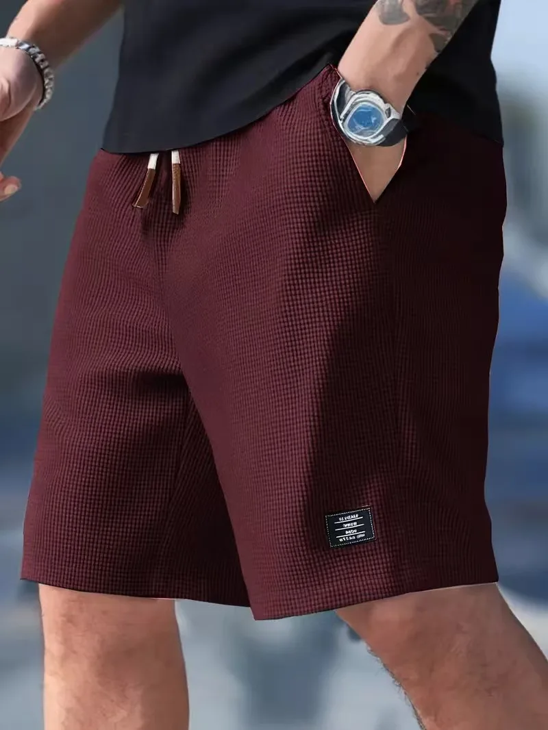 

Summer Men's Waffle Casual Shorts, Drawstring Elastic Waist Loose Beach Pants, Pocket-labeled Five-point Pants