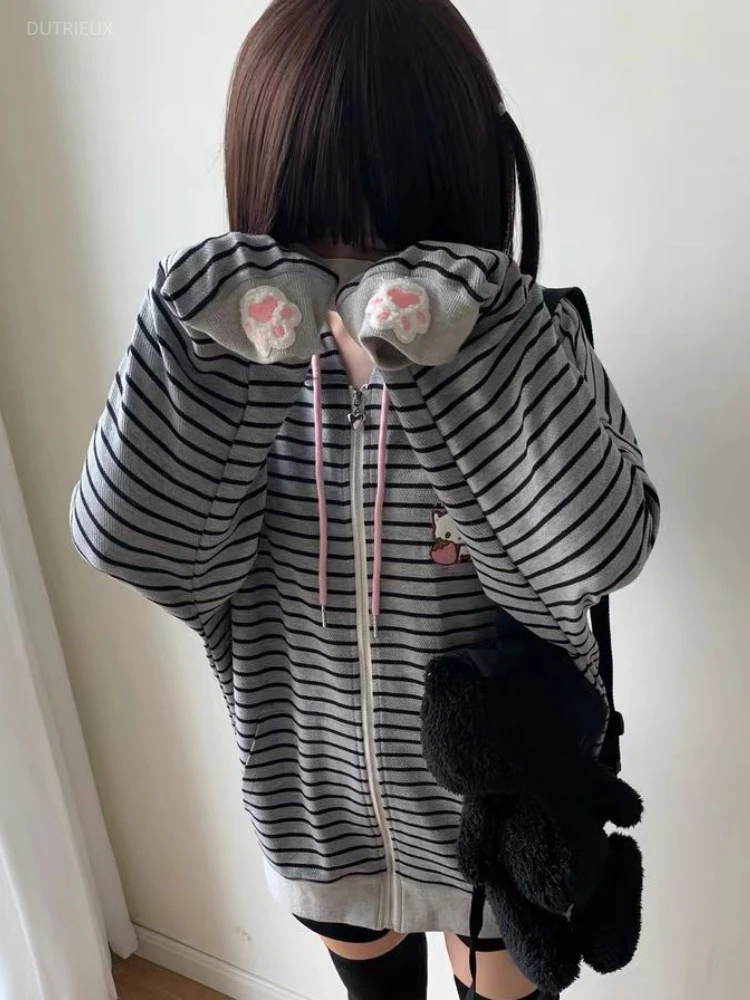 Японские повседневные полосатые толстовки с кошачьими ушками, женские Y2k, эстетичная кавайная свободная толстовка с вышивкой, толстовка на молнии в стиле гранж с героями мультфильмов, Kawaii