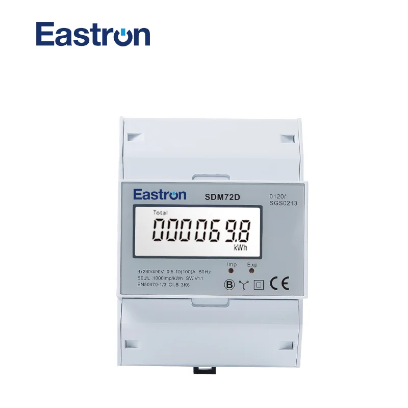 SDM72D MID, 10(100)A,220/230V, 3 Phase 4 Wire Energy Meter; 4 Module Wide; Pulse Output;100A Direct Load, 6+1 Digits LCD Display