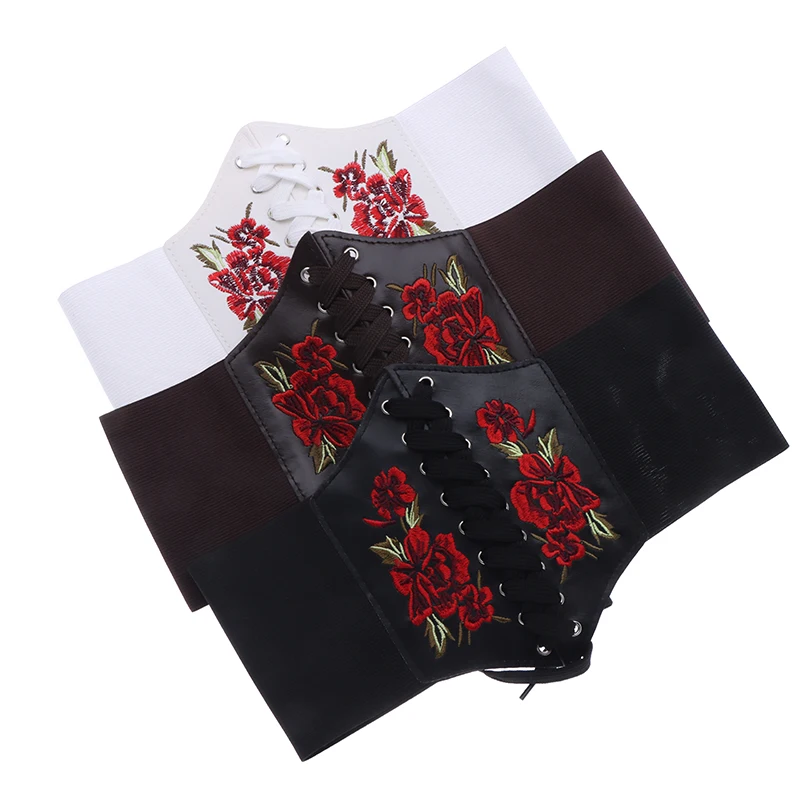 Espartilho bordado flor gótica feminino, PU Cummerbunds, faixa de cintura emagrecedora feminina, cinto largo preto vintage para menina, moda