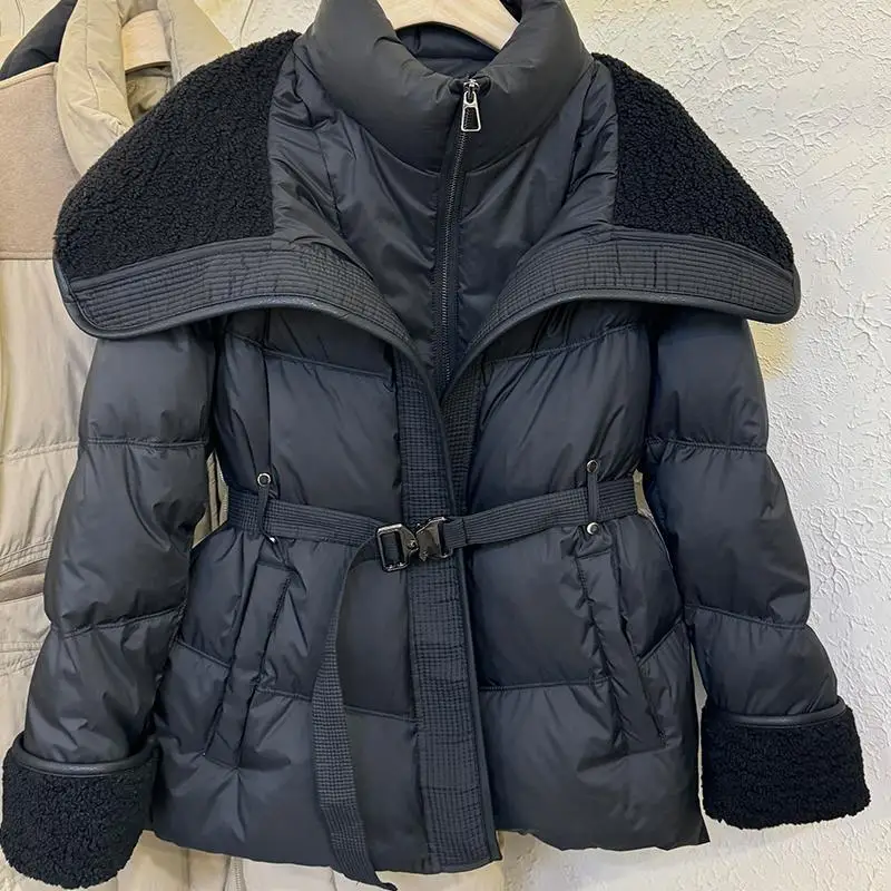 المرأة طوق الضأن المرقعة معطف منتفخ 2025 شتاء جديد قصير أسفل القطن ملابس خارجية طويلة الأكمام الدافئة الخصر سترة بسحاب عادية #3