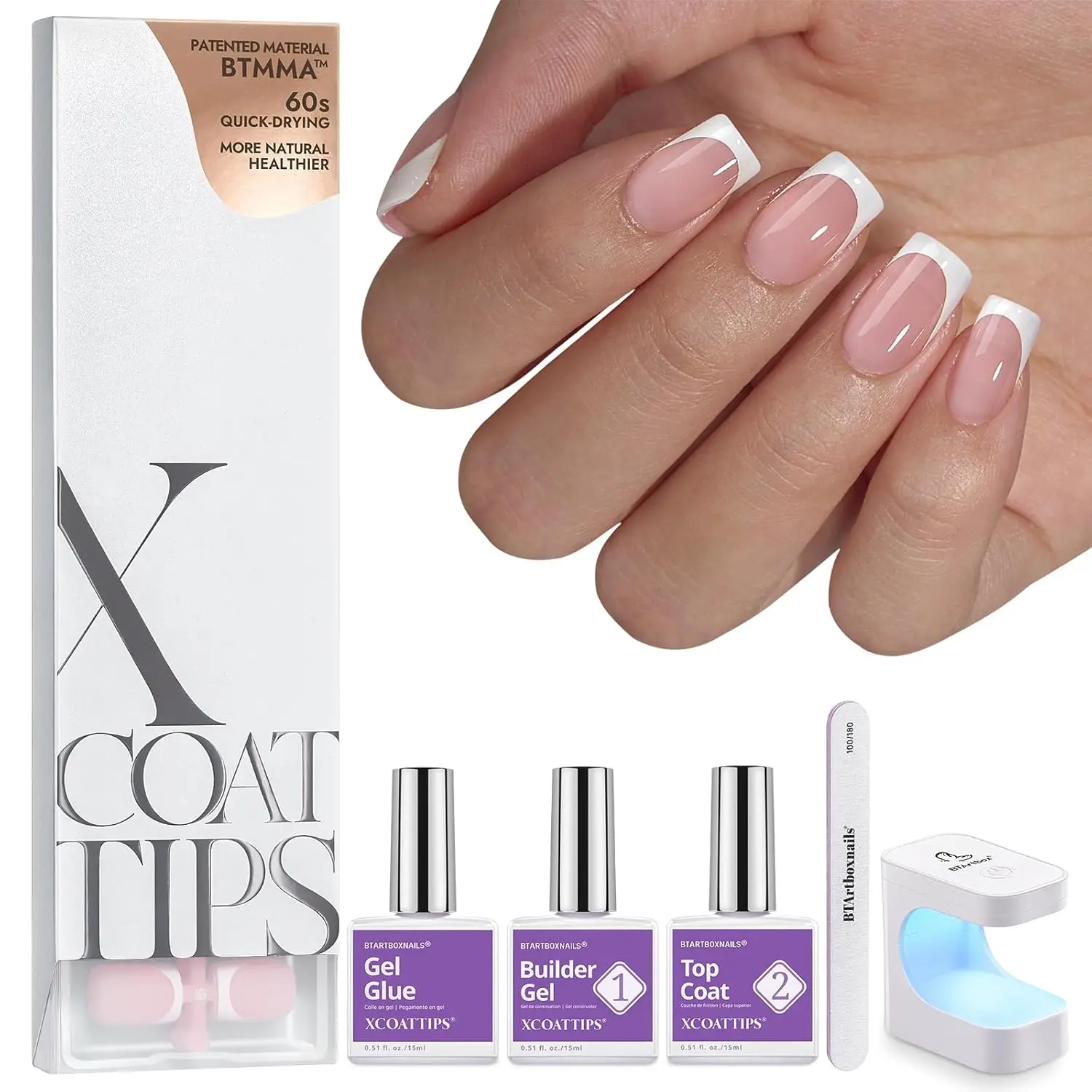 

Short Square French Tip Press On Nails Kit with Gel, Pink Soft Tips, French Protecting Duo & UV Lamp for Home DIY Gift