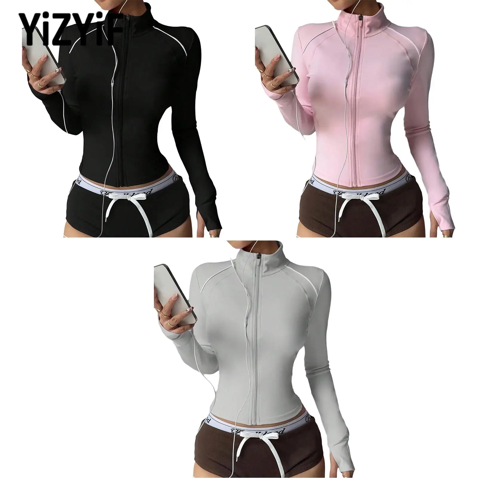 

Женская приталенная куртка для йоги и тренировок с длинными рукавами, отверстиями для больших пальцев, на молнии, спортивный топ, верхняя одежда для спортзала, бега, велоспорта