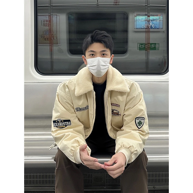 

Мужская зимняя куртка из утолщенного хлопка с воротником из овечьего вельвета, в американском ретро-стиле, с пэчворком, теплая верхняя одежда с длинными рукавами на молнии