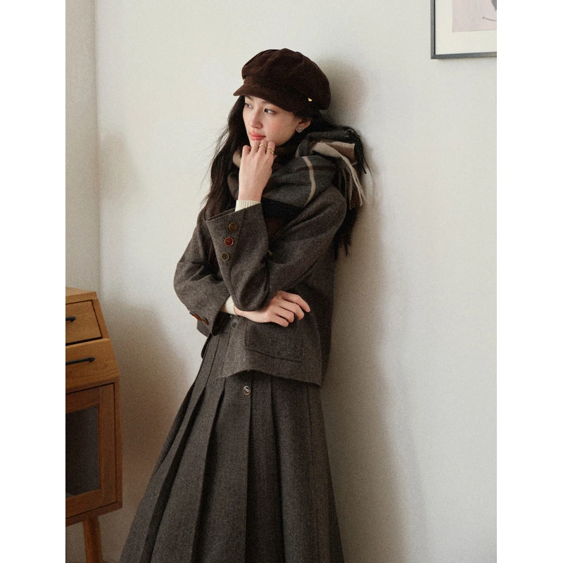 

ALXNAN Quinoa Gray Suit Jacket Straight Shoulder Casual Loose-fit Women's Wool Coat Fall Winter Office Lady Warm Outwear L578102