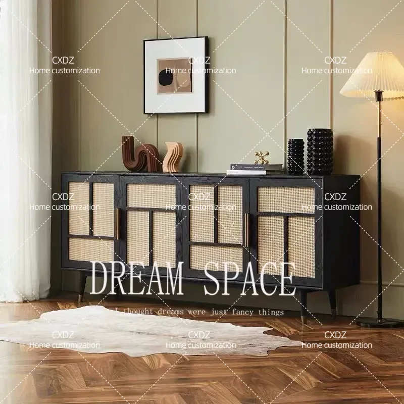 Nordic style medieval retro old solid wood dining side cabinet double door cabinet rattan oak modern simple storage cabinet