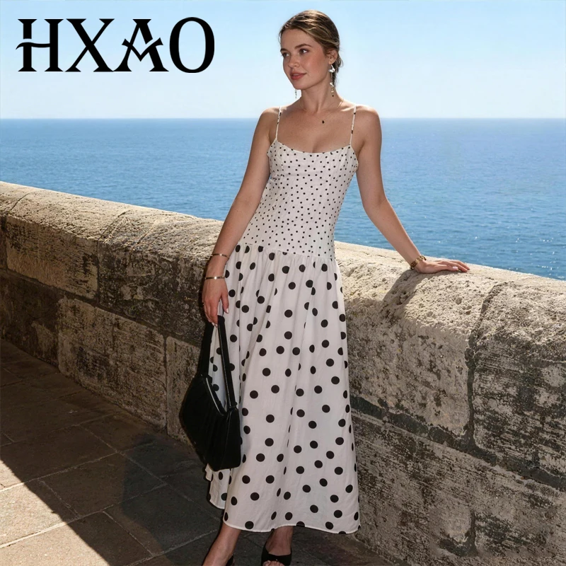 HXAO Damen Polka Dot Kleid Sommer Langes Rückenfreies Slip-Kleid Weißes Ärmelloses Trägerkleid Vestido Lässiges Maxi-Urlaubskleid