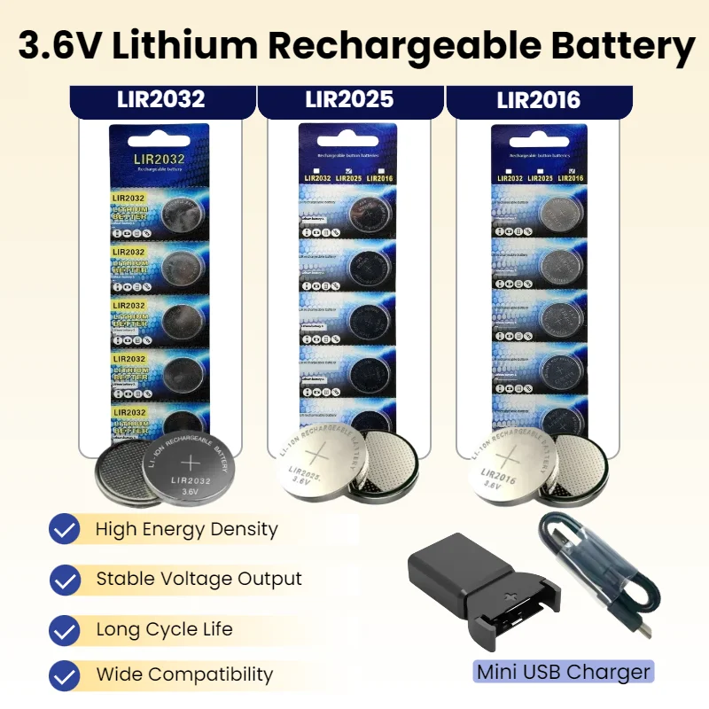 

LIR2032 LIR2016 LIR2025 3.6V Rechargeable Button Battery Coin Cell CR2032 CR2025 CR2016 for Watch Calculator Toys