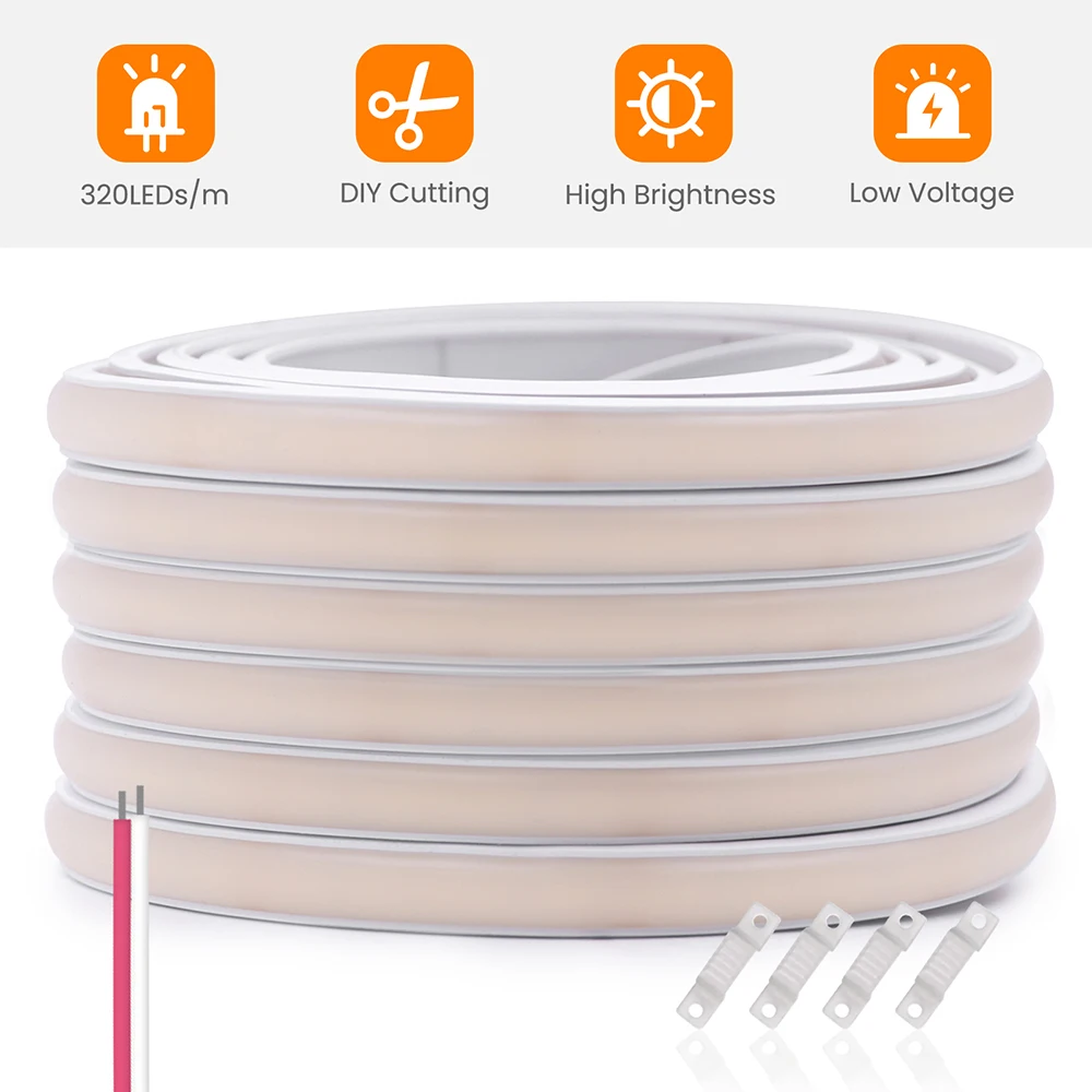 12V 24V COB LED Neon Strip Light Waterproof Ribbon Tape 2Pin Wire Warm Natural White 320LEDs/M Flexible Home Decor 0.5m 1m 2m 5m