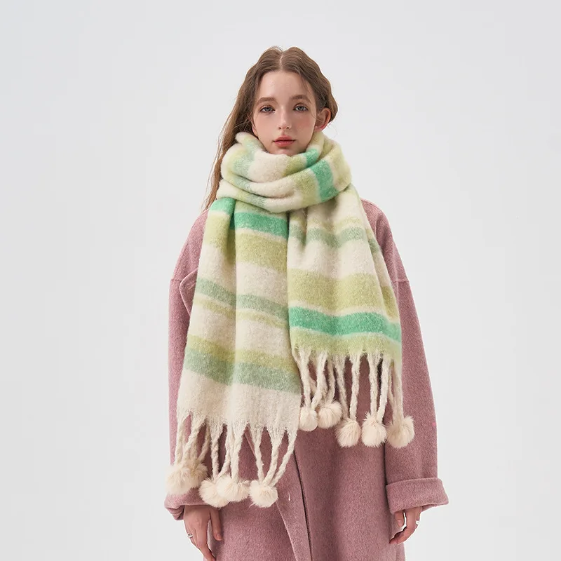 2023Winter New Fresh and Simple Contrast Stripe Hanging Wool Ball Women's Scarf Wrapped with Cold Resistant Plush Neck and Shawl