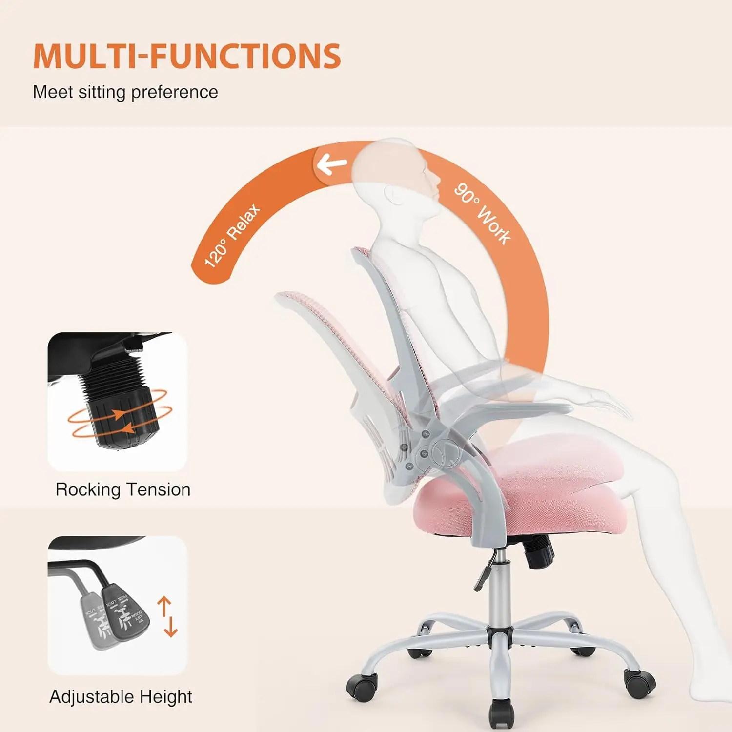 Ergonomic Mid-Back Mesh Office Chair with Lumbar Support, Flip-up Arms, Swivel, Rolling, Pink view 5