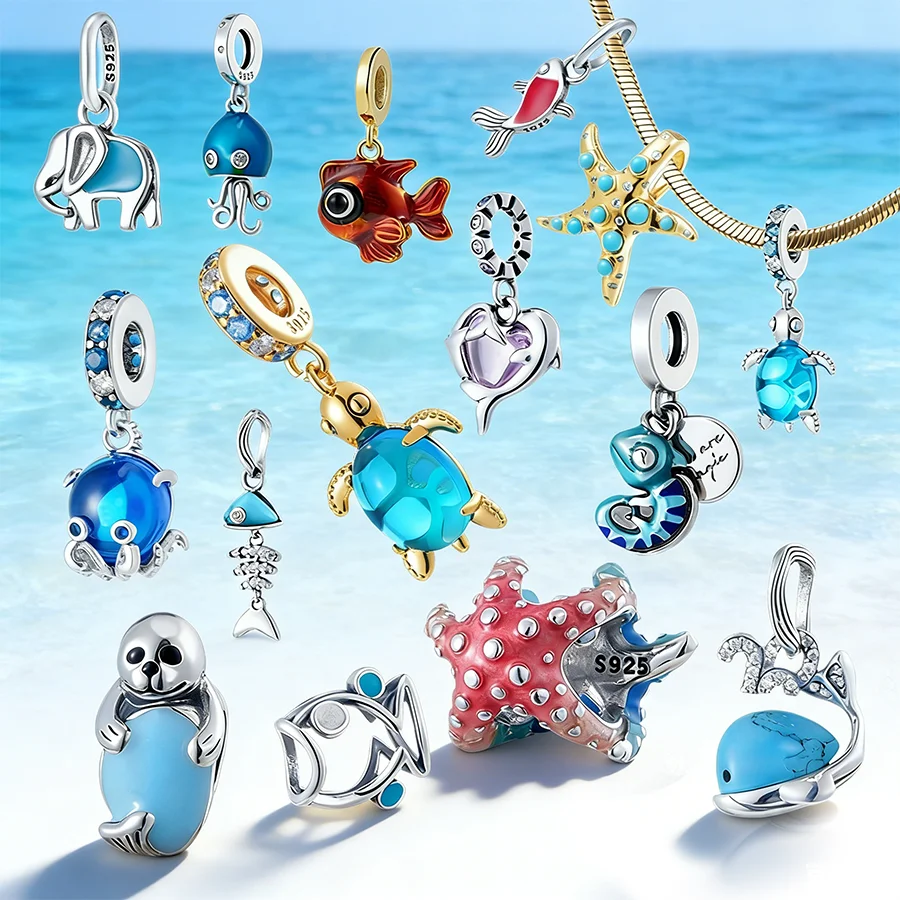 925 Silver Ocean Charms Beads,Sea Turtle/Starfish/Fish/Seal 