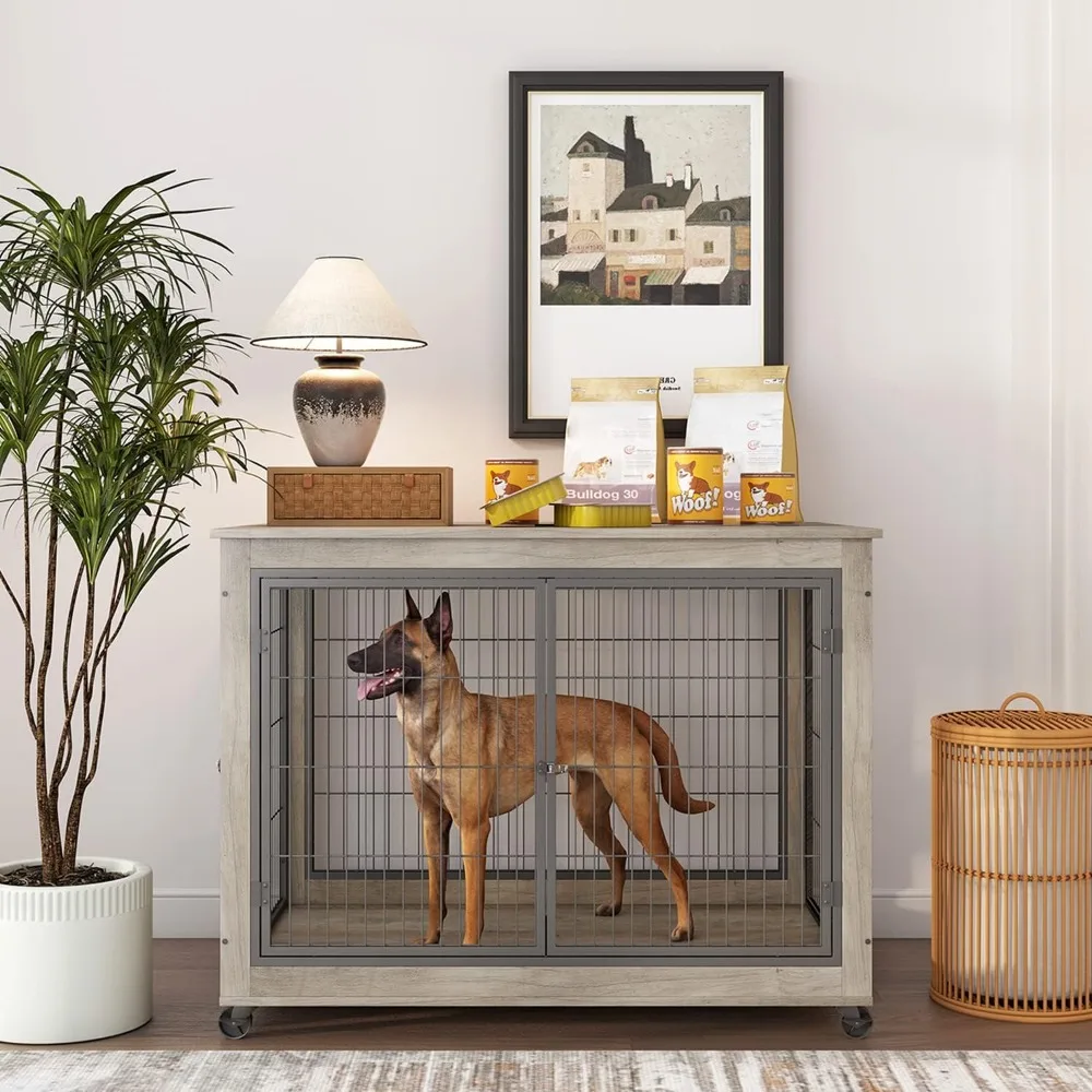 Muebles para cajas para perros, mesa de madera para cajas para perros, perrera para perros de 43,7 pulgadas con 3 puertas, apertura superior abatible y ruedas, decorativa
