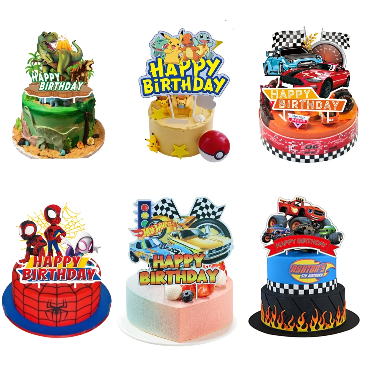 

Racing Car Happy Birthday Cake Topper Party Decoration Spiderman Pokemon Cake Decor Flag Baby Shower Baking Supplies Boys Favors