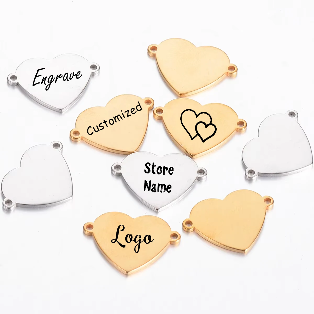 

Personalized Stainless Steel Love Heart Tags Connector Charms Engraved Logo Name for DIY Bracelets Necklace Jewelry Accessories