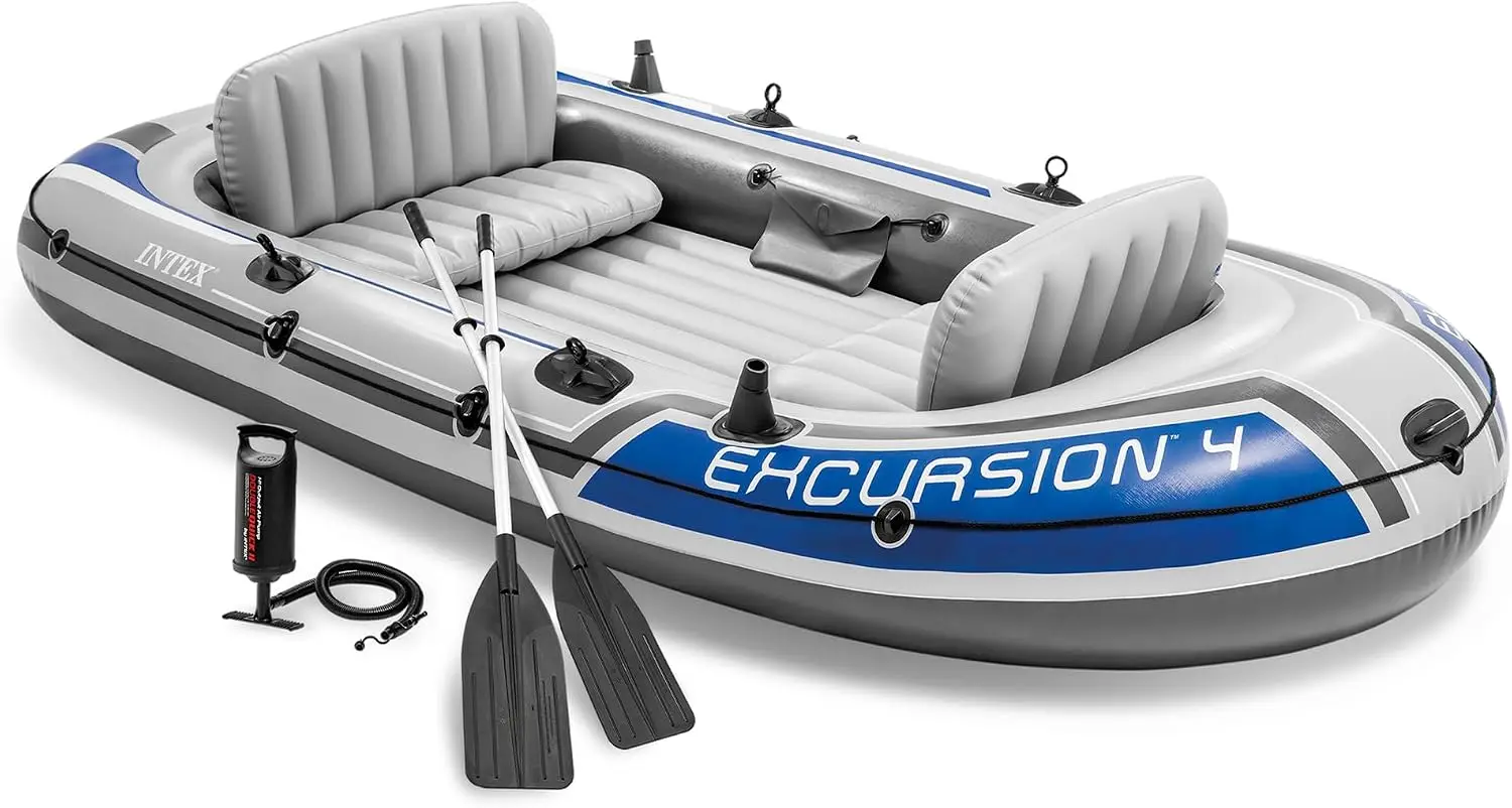 68324EP Excursion 4 Inflatable Boat Set: Includes Deluxe 54in Boat Oars and High-Output Pump – Adjustable Seats with Backrest –