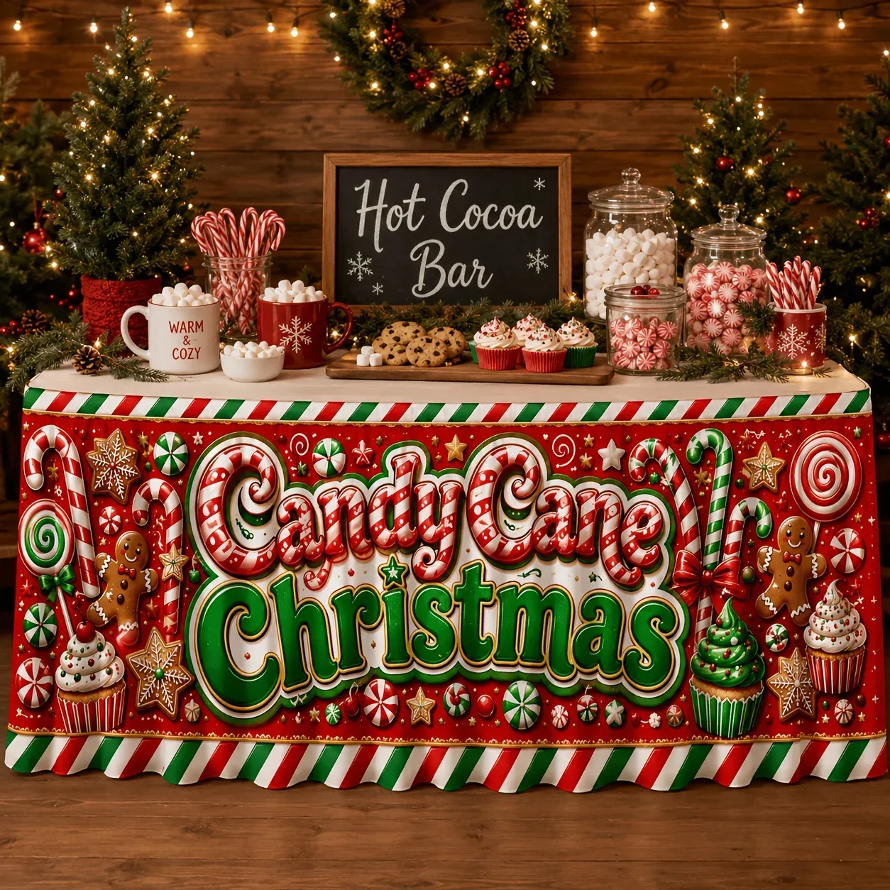 One table skirt, cane candy, Christmas gingerbread man, peppermint candy. Suitable for Christmas parties.xzj
