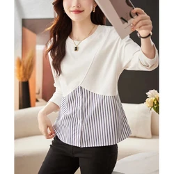 Spring Autumn Fashion Striped T-Shirts O Neck Long Sleeve Women's Clothing Patchwork Pullovers Loose Casual Korean Temperame Tee