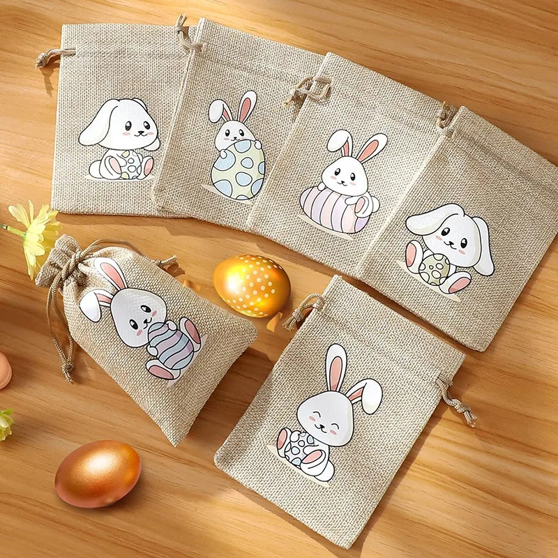 Easter Burlap Candy Bags Bunny Egg Rabbit Pattern Jute Linen Treat Gift Bags for Easter Party Kids Cookies Snack Pack Bags