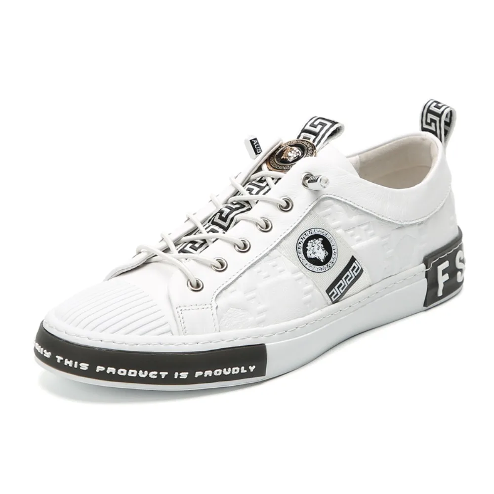 

Spring New Men Shoes Trend Leather Casual Shoes Flowers Print White Flat Skateboard Shoes Street Cool Slip-on Sneakers