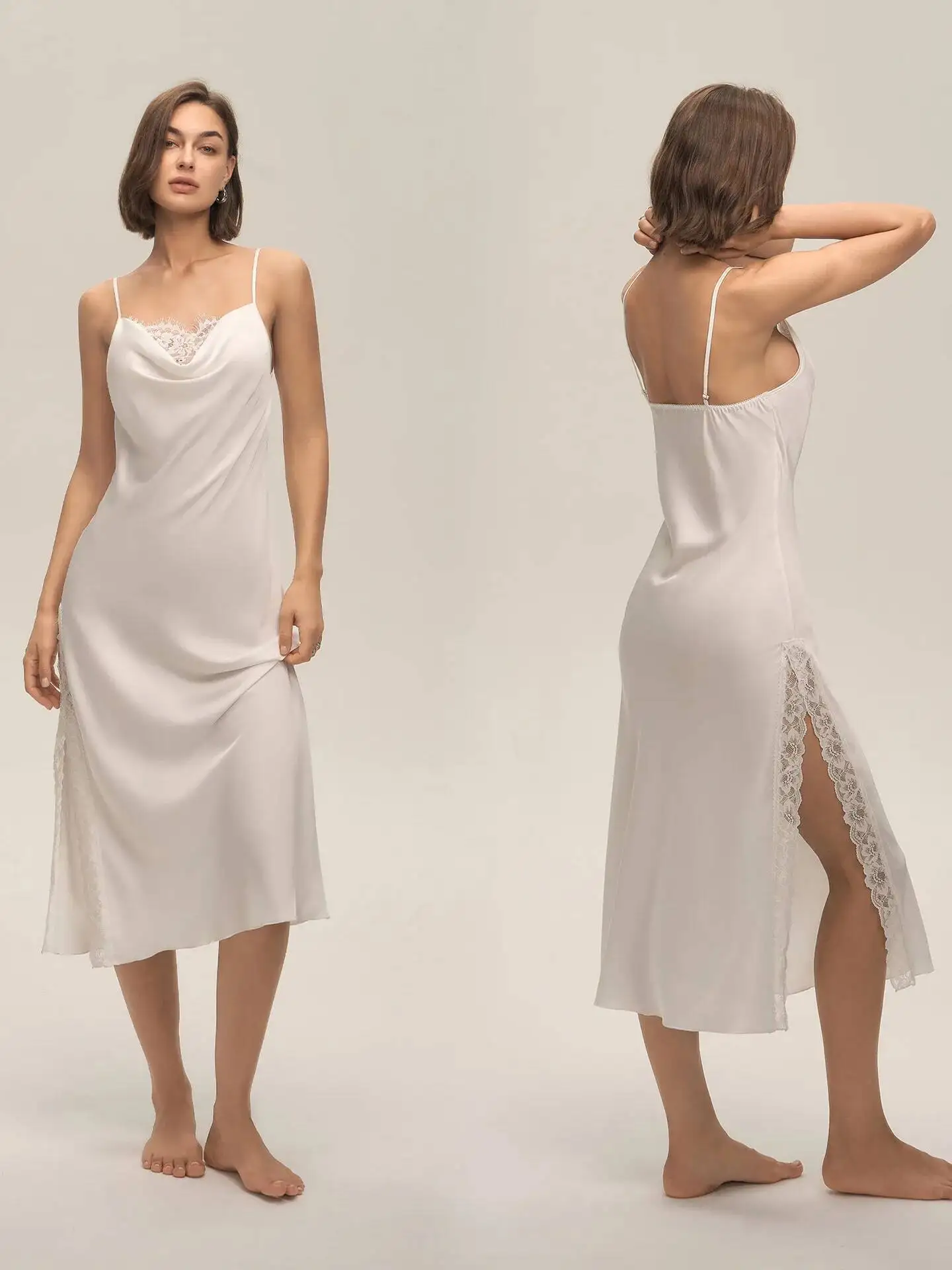 夏ネックサテンシフォンレーストリムセクシーなソリッドカラーストラップロングドレスラウンジウェア女性のための夏ディープ V ノースリーブドレス E9TR