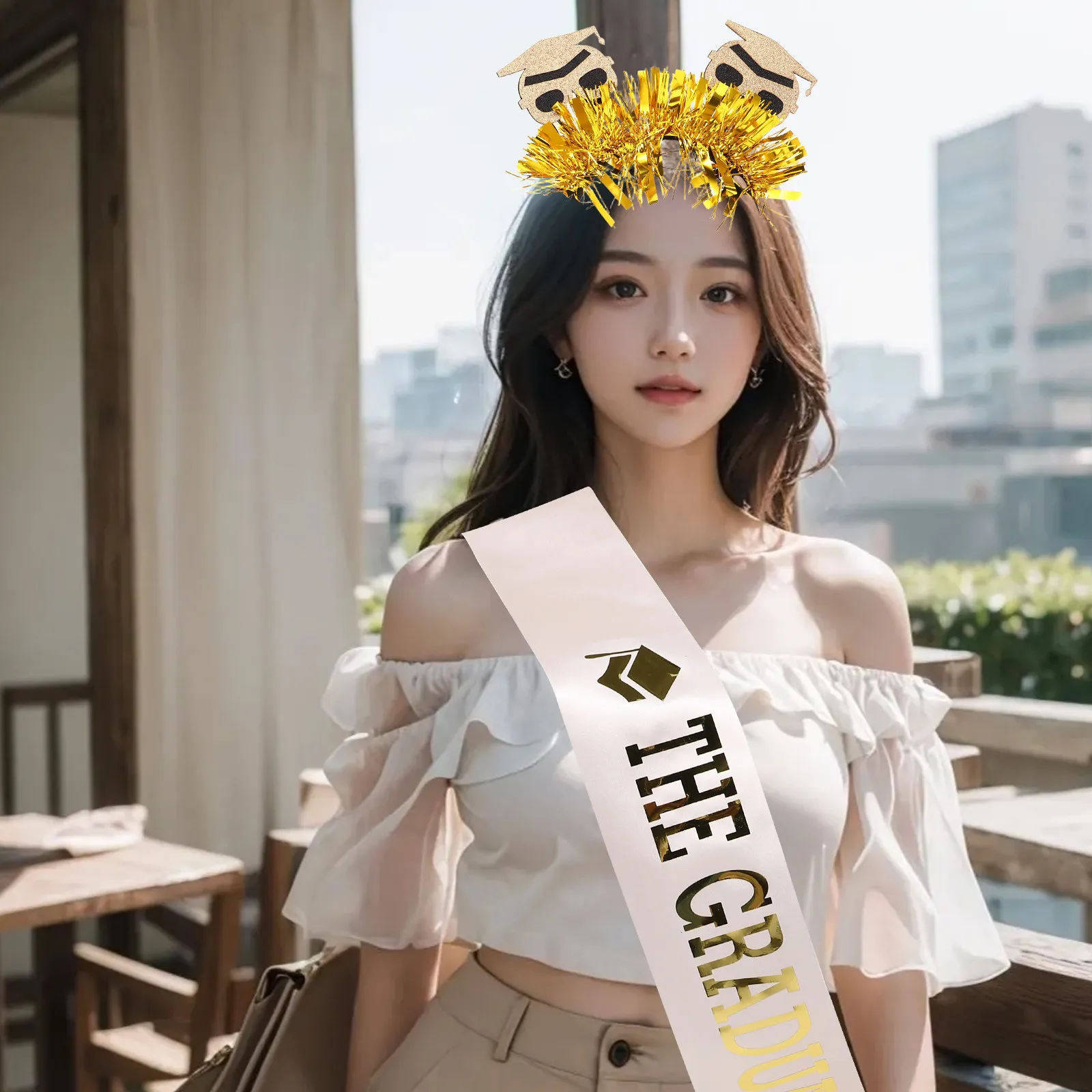2Pcs Graduation Cap Headband Set Mini Doctoral Hat Tassel Black Satin Sash Graduation Party Supplies Photo Props view 5
