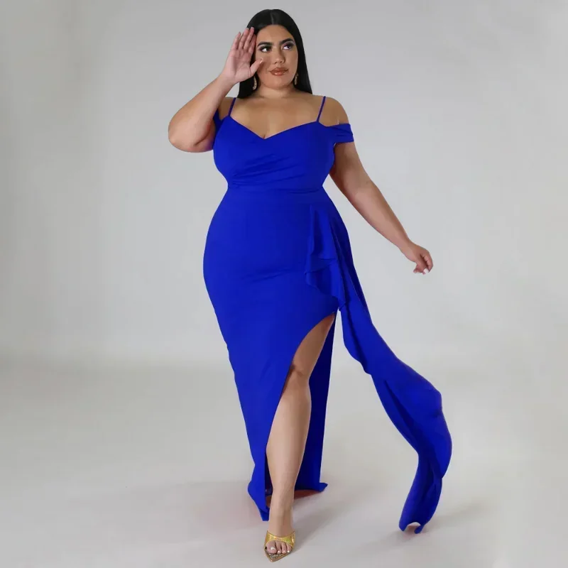 KEXU Spaghetti V-hals Plus Size Maxi Jurk Vrouwen Avond Elegante Club Wear Sexy Zijsplit Celebrity Party Lange Jurk