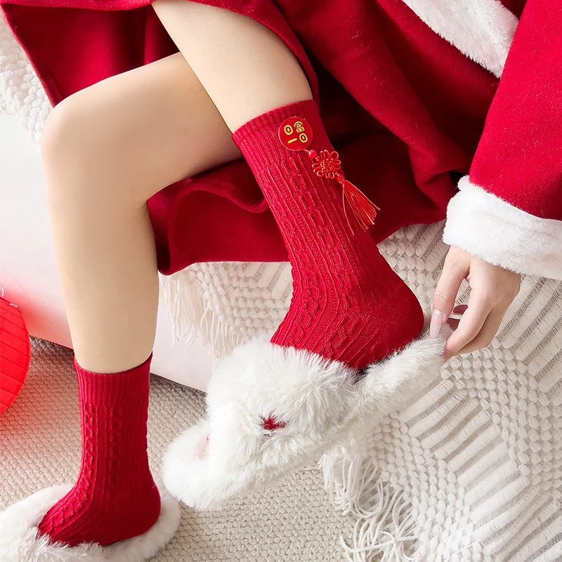 Year Of The Snake Design Festive And Creative Chinese Knot Blessing Bright Red Middle Tube Sock Twisted Long Socks Red Socks