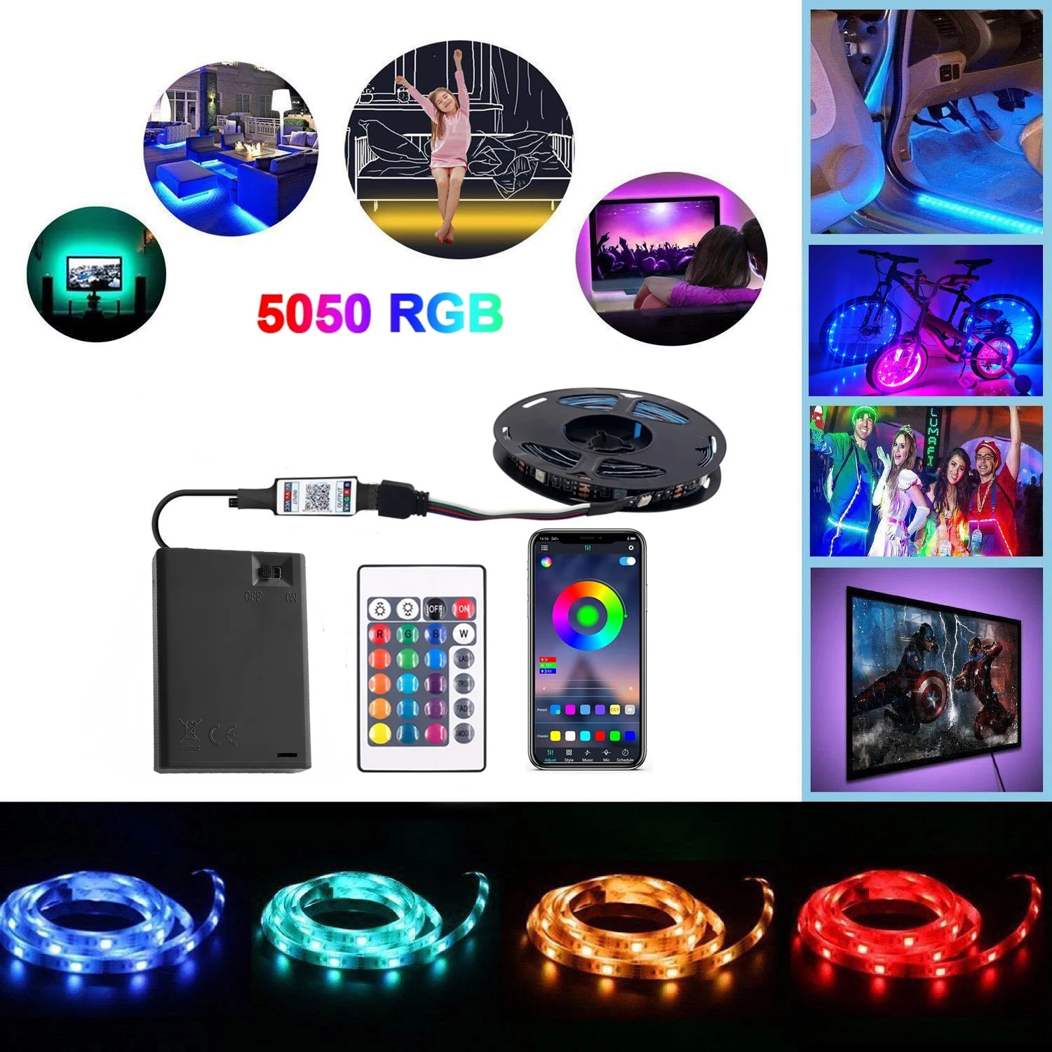 3AA Battery Power RGB Led Strip Light 5V 5050 with 24Key Remote Control Flexible Tape Led Light for TV Backlight Home Room Decor