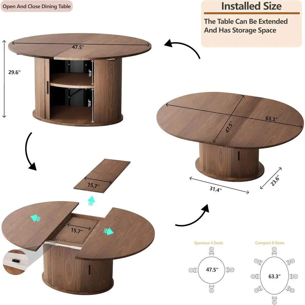 63 Walnut Expandable Oval Dining Table with 2-Tier Storage for 4-6 People
