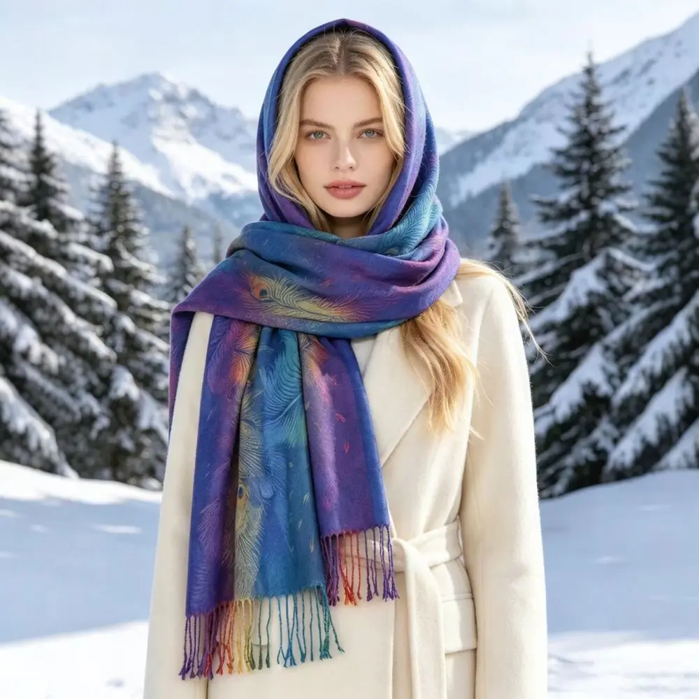 Winter Peacock Feather Print Gradient Shawl Women Long Tassel Scarf Warm Soft Wrap Elegant Ethnic Style Pashmina Cape