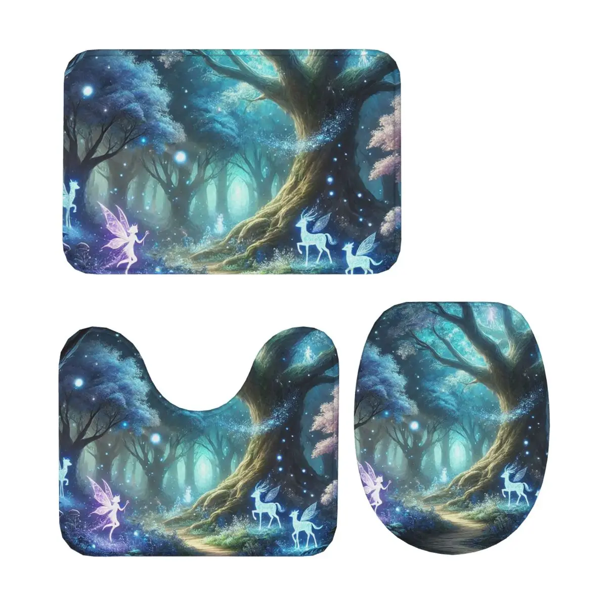 

Светящийся зачарованный лес с феями и волшебными существами, 3-х предметный коврик для ванной, набор для ванной комнаты, крышка для унитаза, ковер, напольный коврик