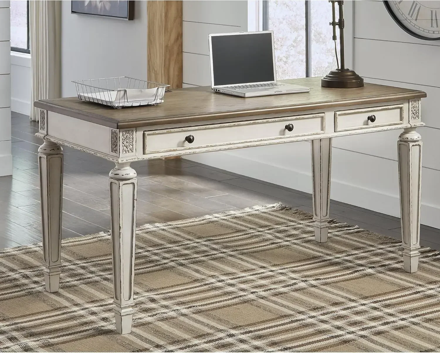 Realyn Farmhouse 60" Home Office Desk with USB Charging, Chipped White