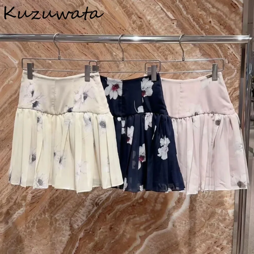 

Kuzuwata Print Sweet Fresh Pleated Falda Short Elegant Temperament High Waist Skirt Japan All-match Literary Minority Slim Falda