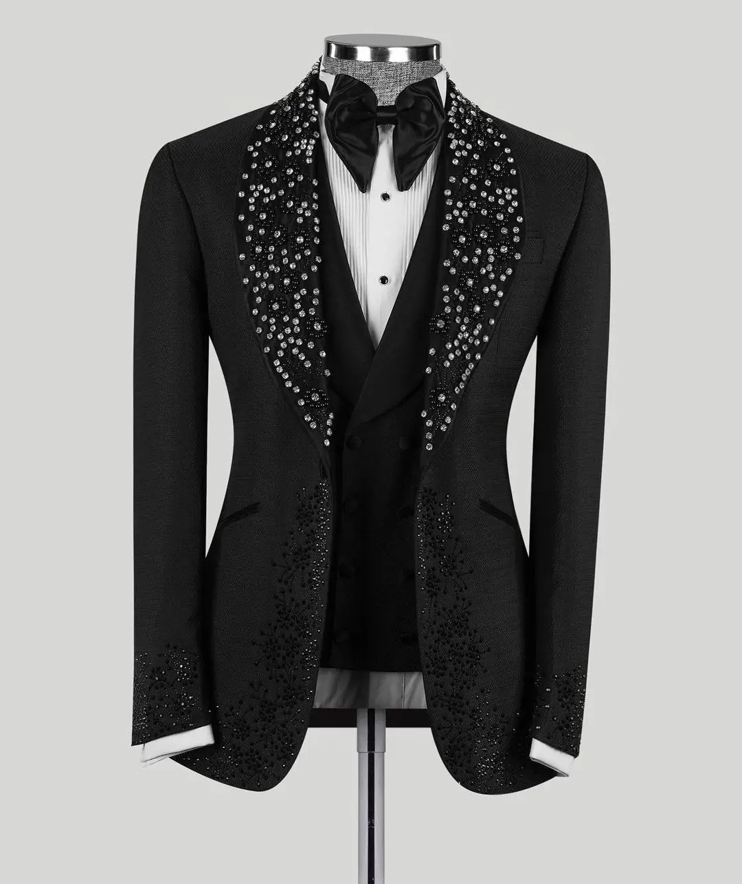 

Luxury 2 Pieces Blazer Vest Men Suits One Button Wide Lapel Formal Prom Host Beads Diamonds Wedding Groom Plus Size Tailored