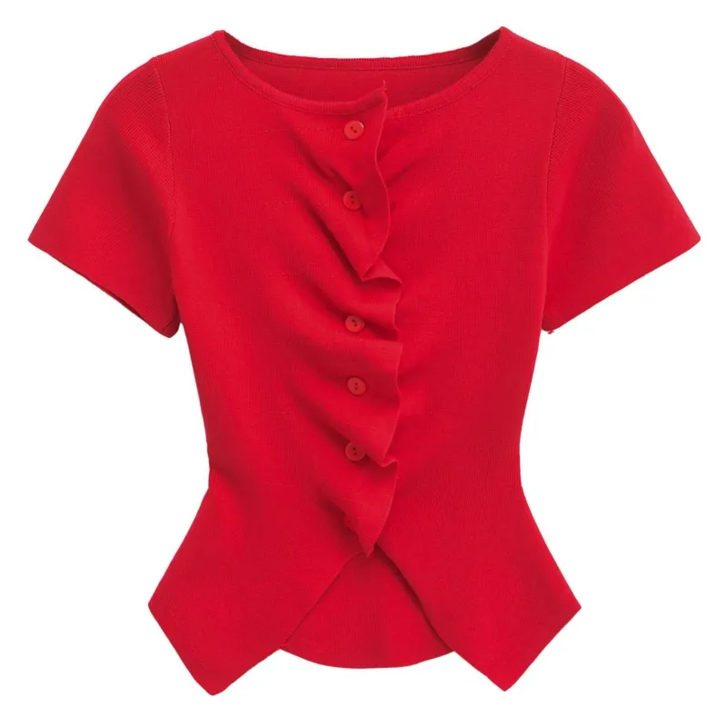 

2025 Summer New Women's Versatile Solid Round-Neck Single-Row Button Short-Sleeve Cardigan Pleated Knit Tops Backing Shirt