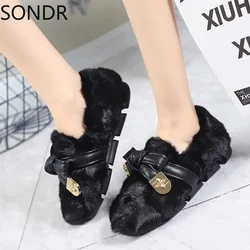 Womens Real Mink Fur Loafers Big Bowknot Furry Flats Shoes Round Toe Warm Winter Snow 4Colors New 2024