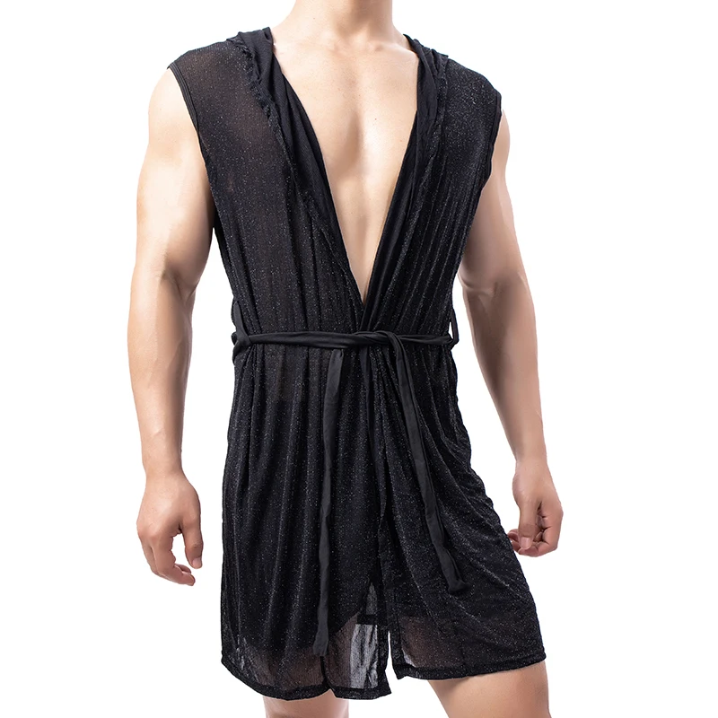 Men Bathrobe Mesh Homewear Sleeveless Translucent Sexy Nightgown Men Loose Breathable Underwear Robe(No Shorts)