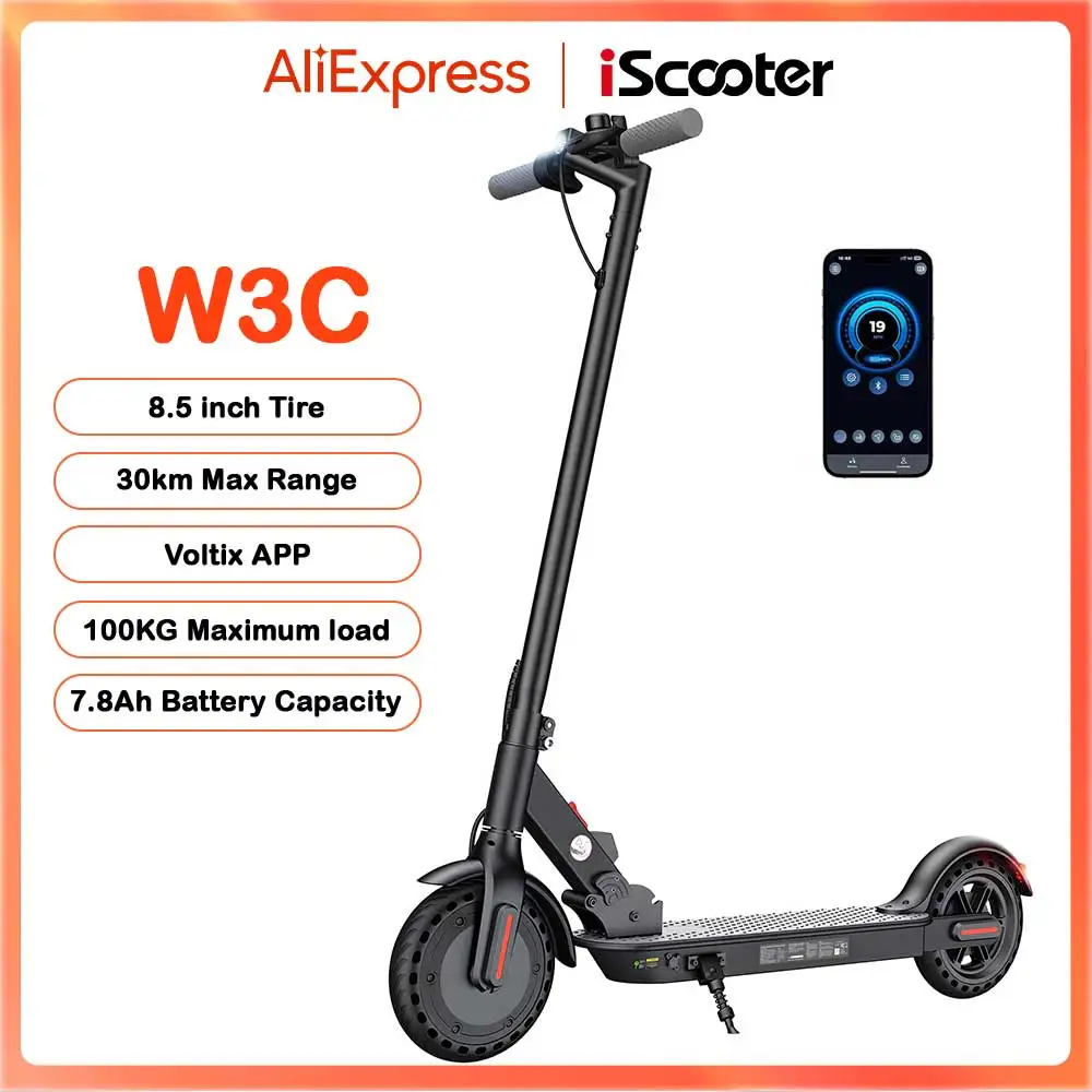 Monopattino elettrico iScooter W3C, ruote da 8,5 pollici, batteria 36V 7,8Ah, autonomia 22-30 km, trazione anteriore, pneumatici ad aria, con app.