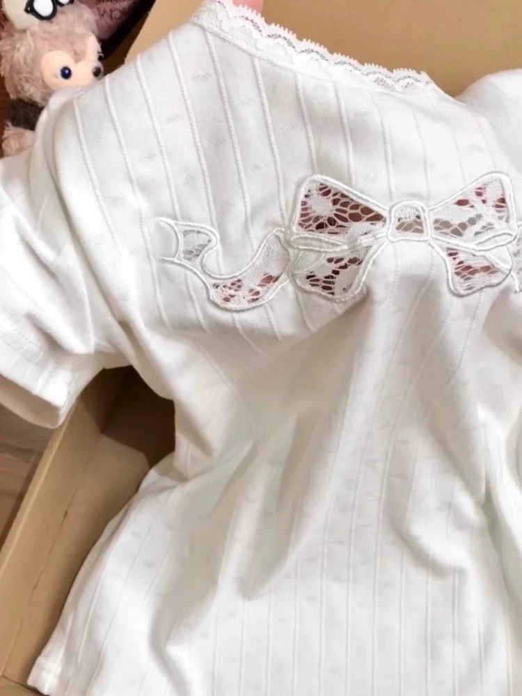 

Белый кружевной топ с вышивкой и узелками, летний, облегающий, сексуальный, в корейском стиле, с круглым вырезом