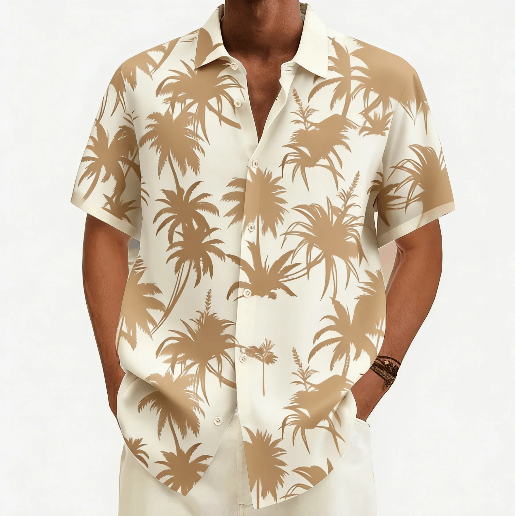 

Men's Beige Base Coconut Tree Silhouette Print Short Sleeve Shirt, Spring Summer Minimalist Hawaiian Blouse, Loose Casual Top